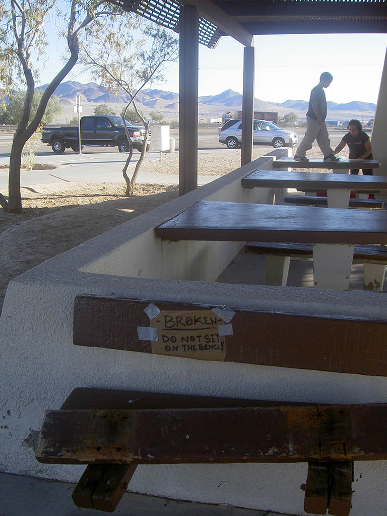 Broken bench at Death Valley service station