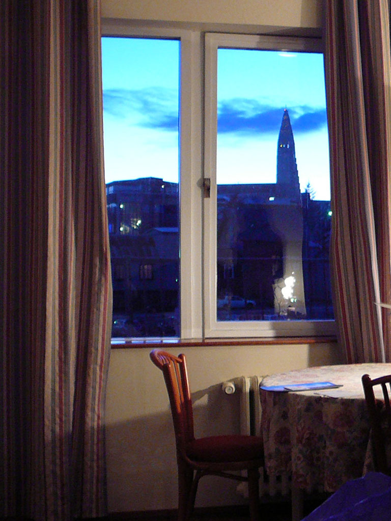 Icelandic hotel room with a view of Hallgrímskirkja church