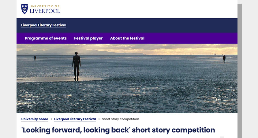 University of Liverpool short story competition featuring a photo of Antony Gormley's 'Another Place' sculptures on Crosby beach