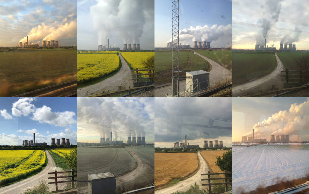 A grid of eight photographs all featuring Fiddlers Ferry power station