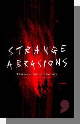 Strange Abrasions book cover featuring an abstract red mark on a black background