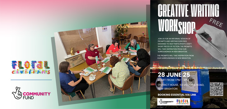 Floral Civilians creative writing poster with white text on a dark background that reads 28 June 2025. A small inset photo shows a group of women writing in notepads around a table.