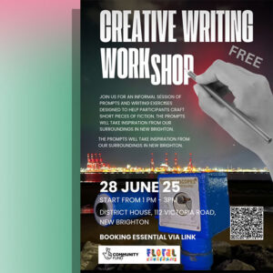 Floral Civilians June 2025 workshop. White text on a black background. Red shipping cranes and a blue coin operated telescope.