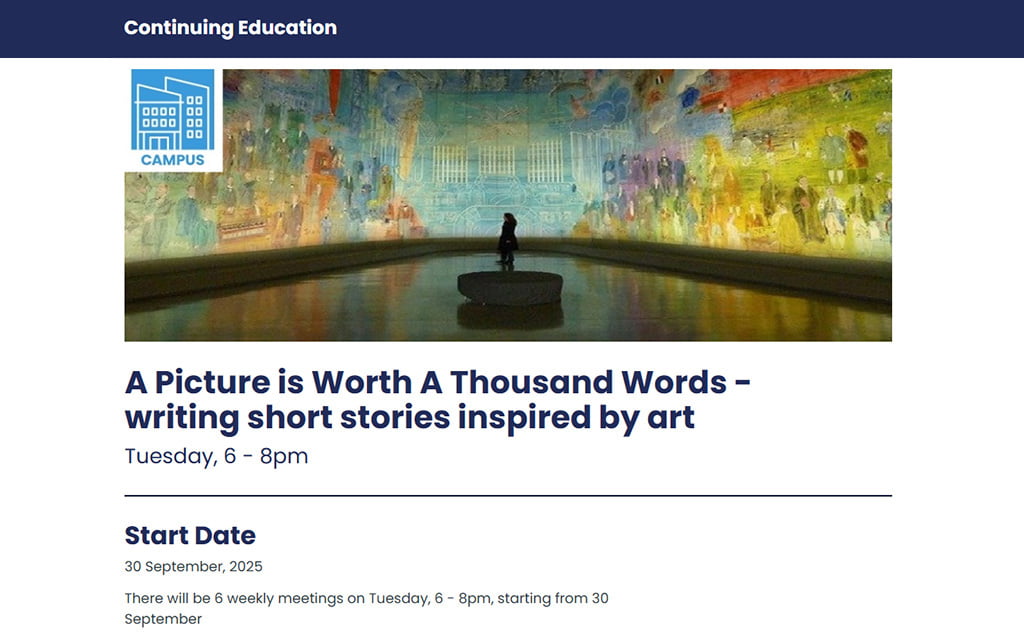 A Picture is Worth A Thousand Words webpage screenshot with blue text on a white background and a photograph of a colourful abstract art installation