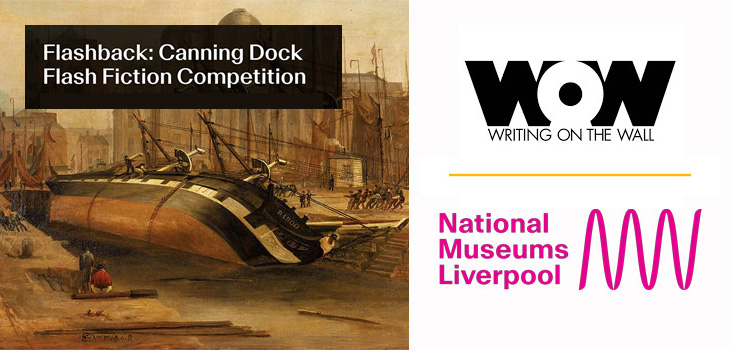'Flashback Canning Dock' featuring a sepia painting of an overturned ship in a dry dock. Plus logos for Writing on the Wall and National Museums Liverpool
