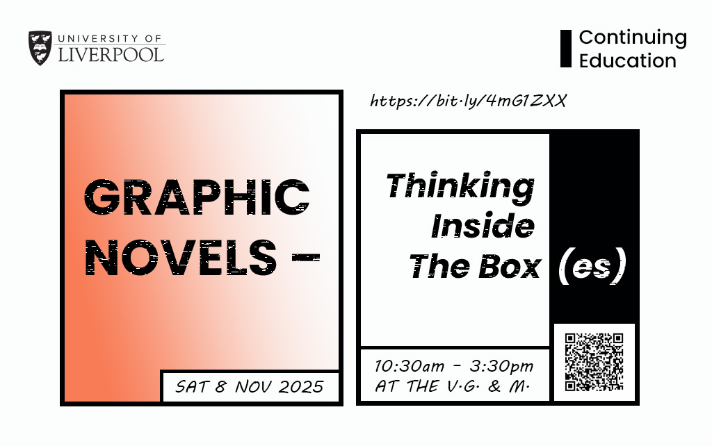 'Graphic Novels - Thinking inside the box(es)' graphic with black and white boxes and an orange fade.