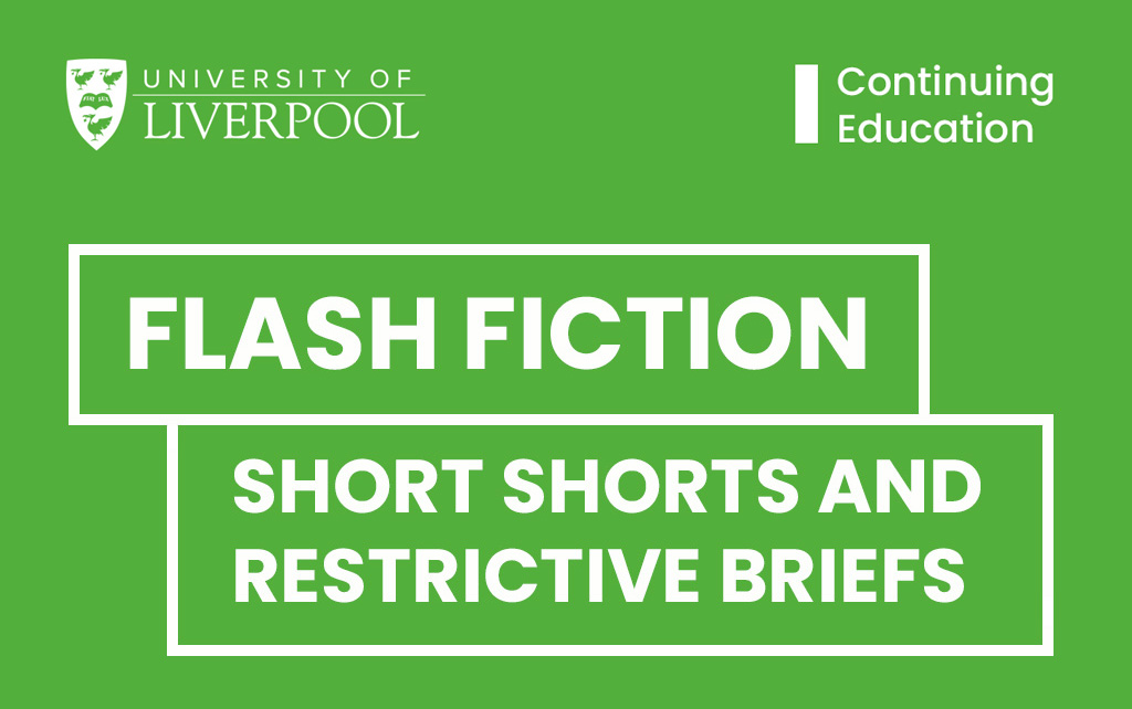 Lime green background with white text that reads 'Flash Fiction: Short Shorts & Restrictive Briefs'