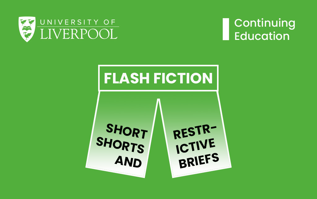 Green background with a white graphic of a pair of shorts. White text reads Flash Fiction and black text reads Short Shorts and Restrictive Briefs.