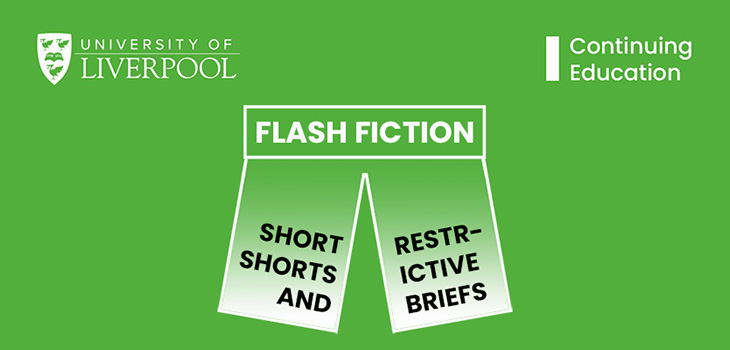 Green background with a white graphic of a pair of shorts. White text reads Flash Fiction and black text reads Short Shorts and Restrictive Briefs