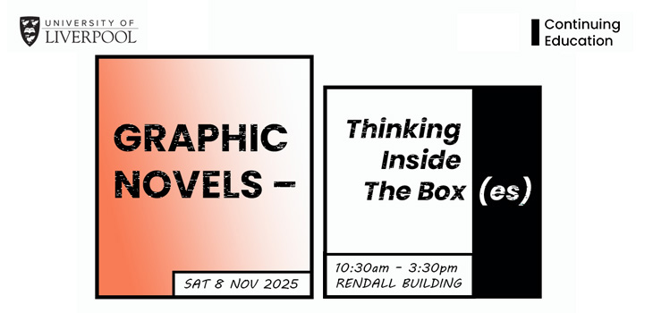 Graphic Novels - Thinking Inside the Box(es) promo box with black text in two frames on a white background. The box on the left has an orange tinted background.