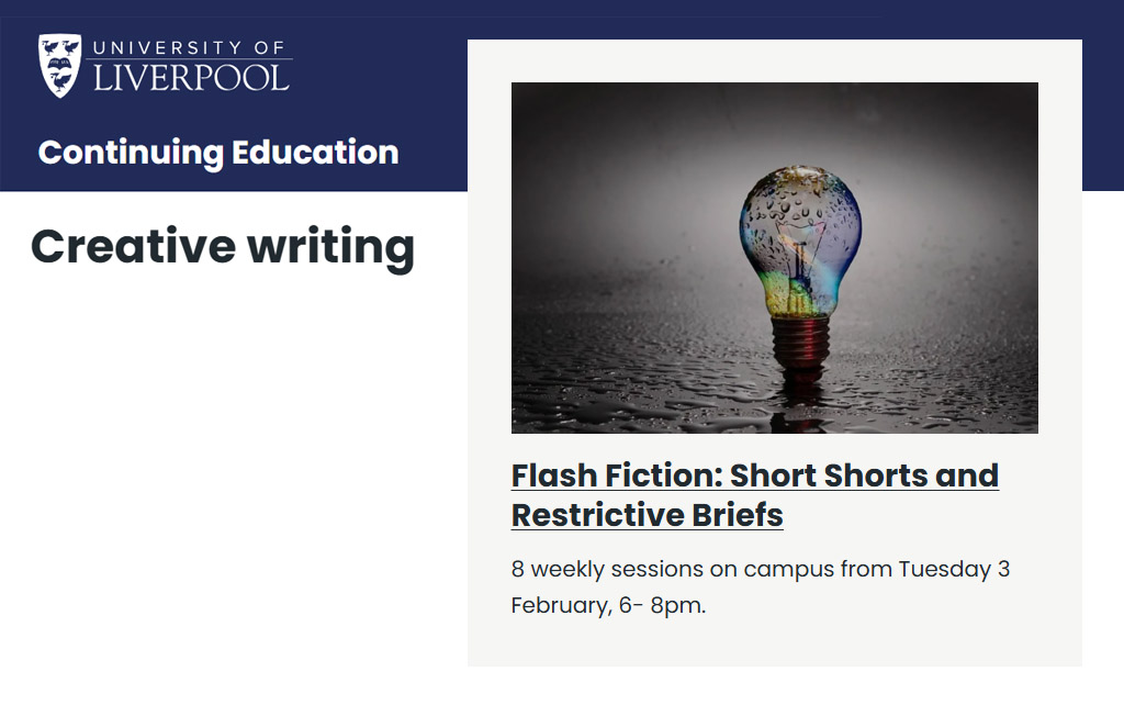 Flash Fiction: Short Shorts & Restrictive Briefs website banner featuring a lightbulb with the colours of a globe. In the top left is a white University of Liverpool crest against a dark blue strip.