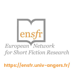 ENSFR logo with a grey open book on a white background. Orange text across the pages reads 'ensfr' and grey text below the book reads 'European Network for Short Fiction Research'
