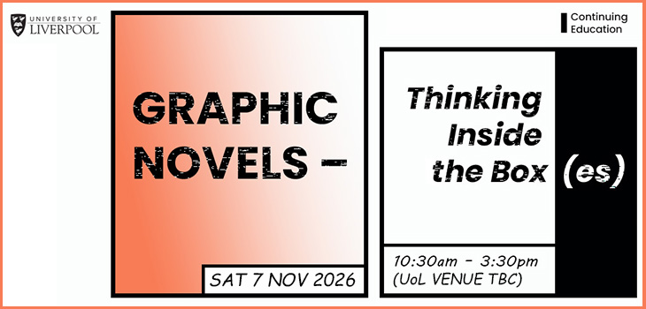 Graphic Novels - Thinking Inside the Box(es) graphic with black text in two frames on a white background. The box on the left has an orange tint.